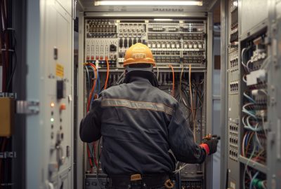 An electrician working on an electrical panel, seen from behind with the full cabinet open and various wires connected to lamps and transacted lights An electrician working on an electrical panel, seen from behind with the full cabinet open and various wires connected to lamps and transacted lights